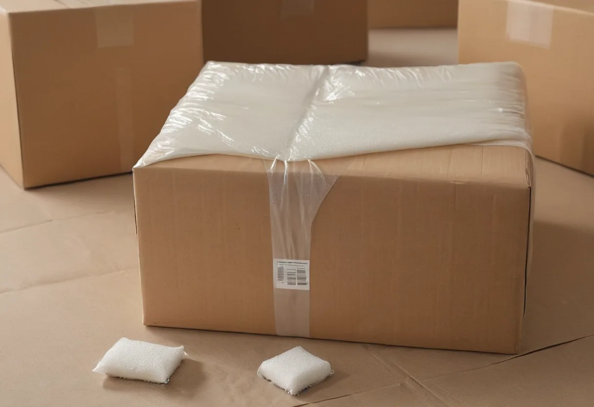 Ein gepolstertes Versandpaket neben einem Gerät in der Warenannahme einer Reparaturwerkstatt