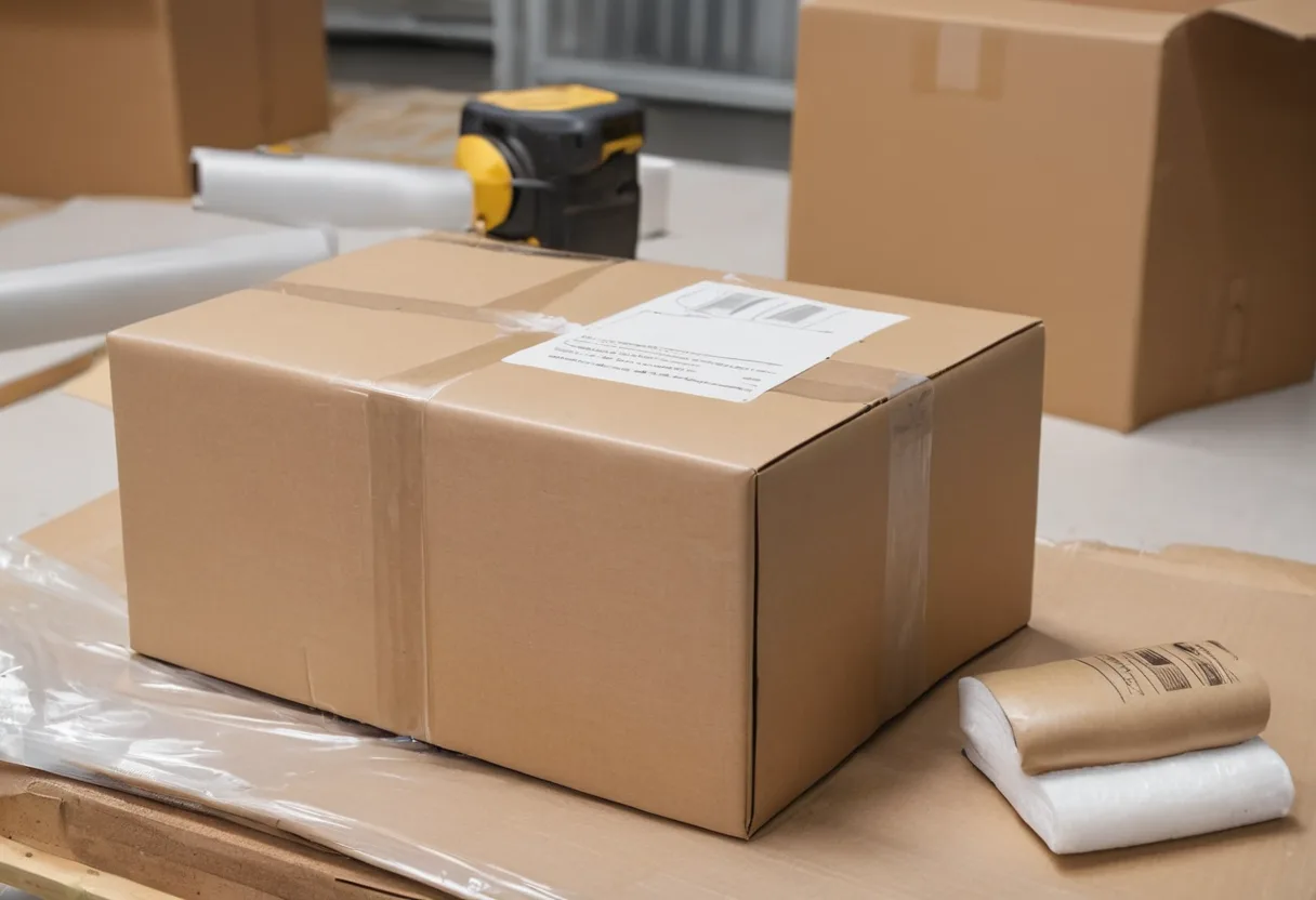 Ein gepolstertes Versandpaket neben einem Gerät in der Warenannahme einer Reparaturwerkstatt