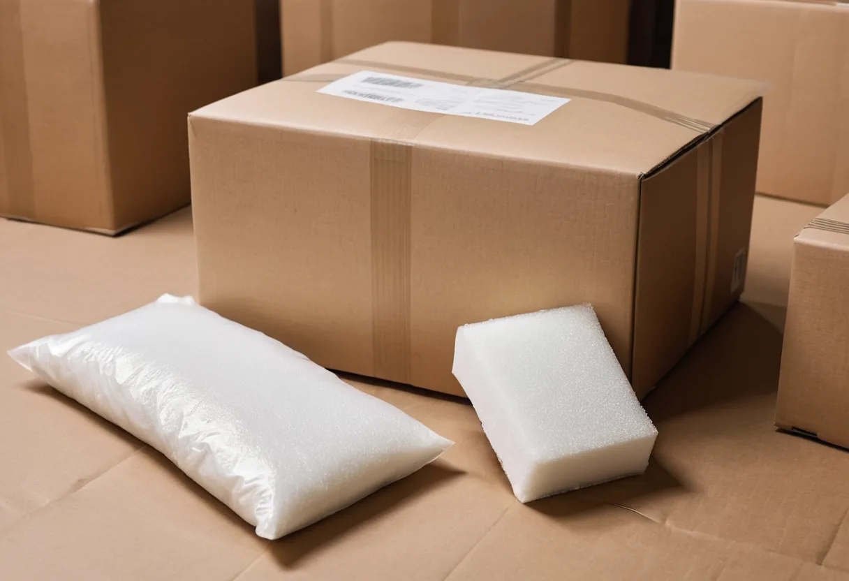 Ein gepolstertes Versandpaket neben einem Gerät in der Warenannahme einer Reparaturwerkstatt