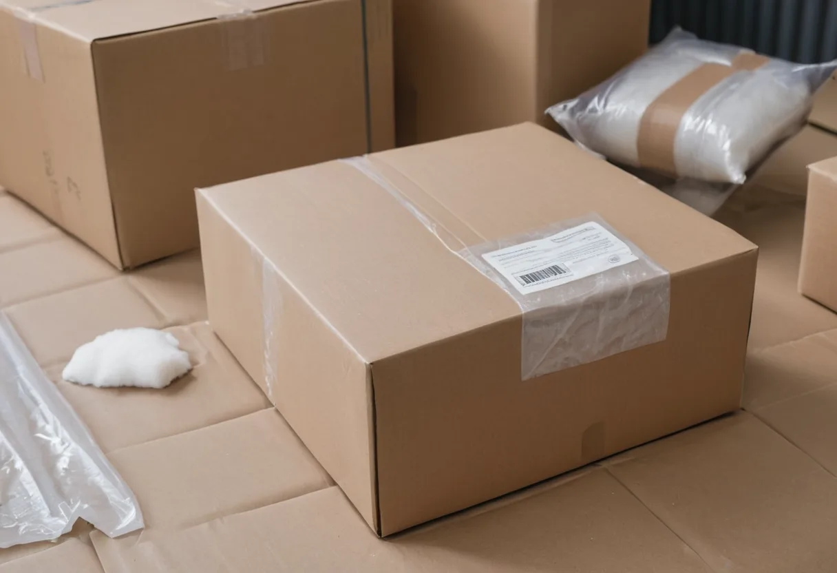 Ein gepolstertes Versandpaket neben einem Gerät in der Warenannahme einer Reparaturwerkstatt