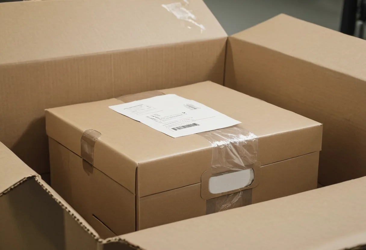 Ein gepolsterter Versandkarton beim Packen in der Warenannahme einer Reparaturwerkstatt
