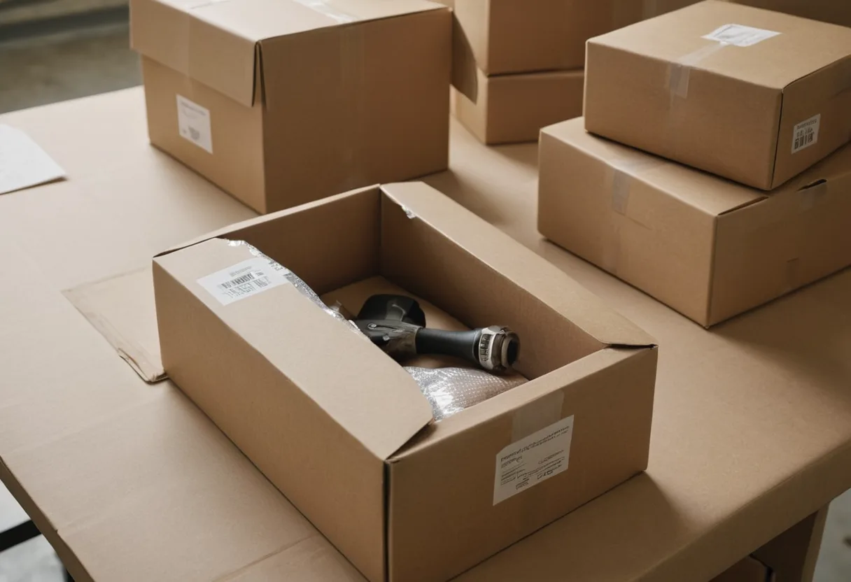 Ein gepolsterter Versandkarton beim Packen in der Warenannahme einer Reparaturwerkstatt