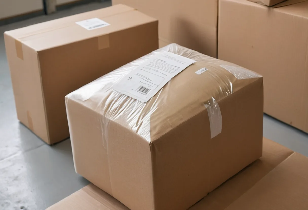 Ein gepolstertes Versandpaket neben einem Gerät in der Warenannahme einer Reparaturwerkstatt