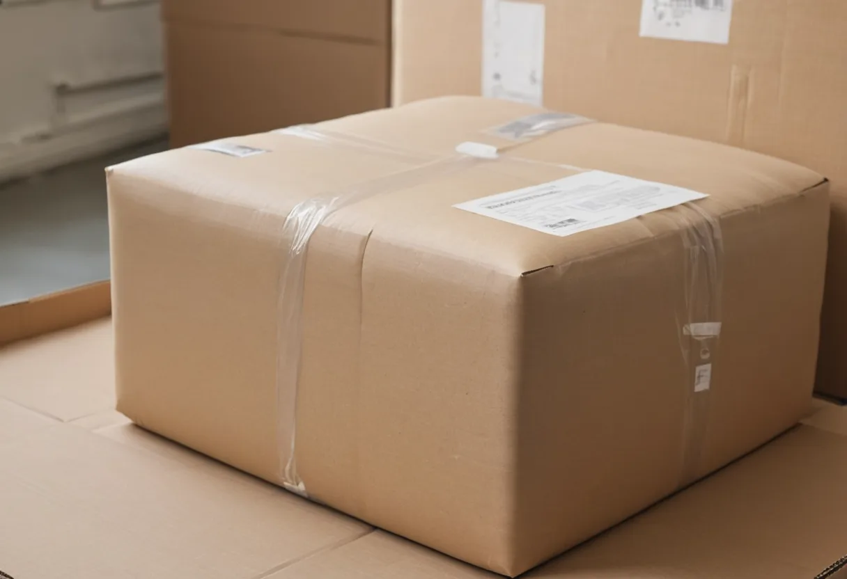 Ein gepolstertes Versandpaket neben einem Gerät in der Warenannahme einer Reparaturwerkstatt