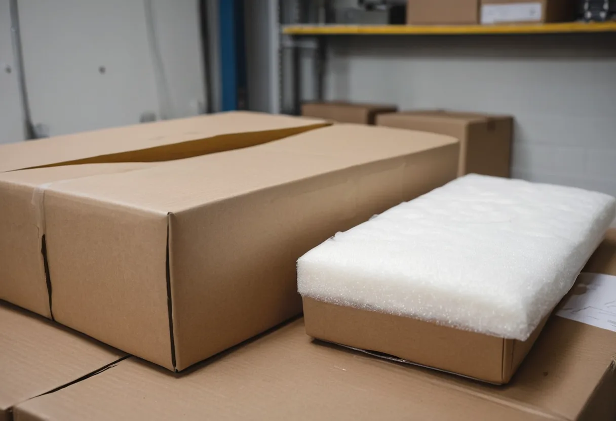 Ein gepolstertes Versandpaket neben einem Gerät in der Warenannahme einer Reparaturwerkstatt