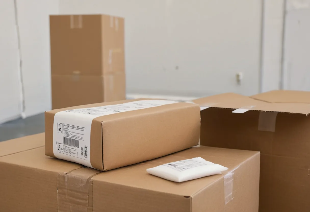 Ein gepolstertes Versandpaket neben einem Gerät in der Warenannahme einer Reparaturwerkstatt