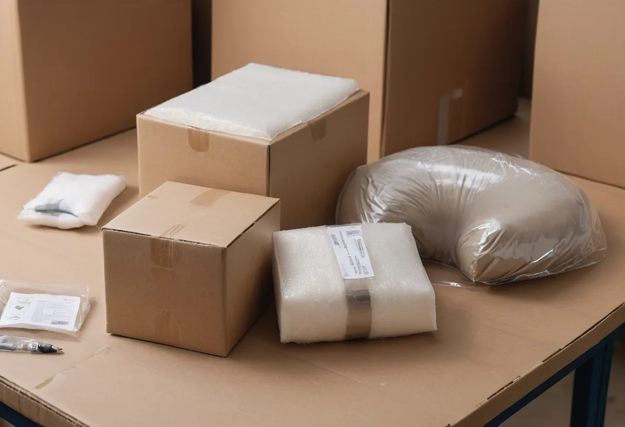 Ein gepolstertes Versandpaket neben einem Gerät in der Warenannahme einer Reparaturwerkstatt